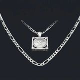 Silver Rhodium Plated Square Sovereign Pendant Necklace – 20mm x 20mm 1911 Medallion with Pavé CZ Frame & 60cm x 6mm Figaro Chain for Men