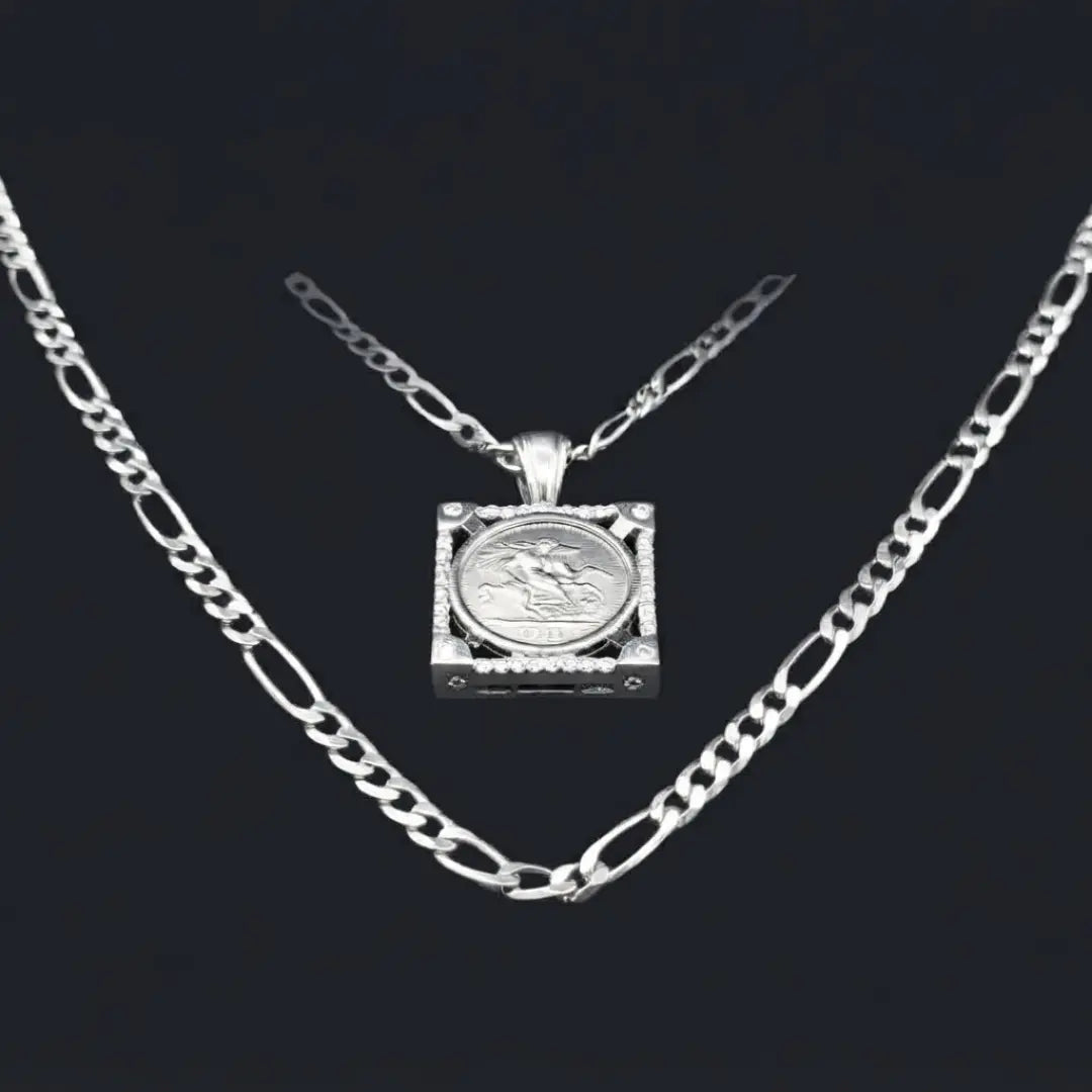 Silver Rhodium Plated Square Sovereign Pendant Necklace – 20mm x 20mm 1911 Medallion with Pavé CZ Frame & 60cm x 6mm Figaro Chain for Men