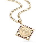 18K Gold Filled Square Sovereign Pendant Necklace with Ruby & Cubic Zirconia Accents – 60cm Figaro Chain Heritage Medallion Necklace for Men
