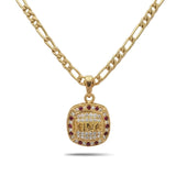 18K Gold Filled "KING" Inset Sovereign Pendant Necklace – 20mm x 20mm Chiseled Square Medallion with Deep Shadow Inset, Pavé Halo & 60cm+5cm Figaro Chain for Men