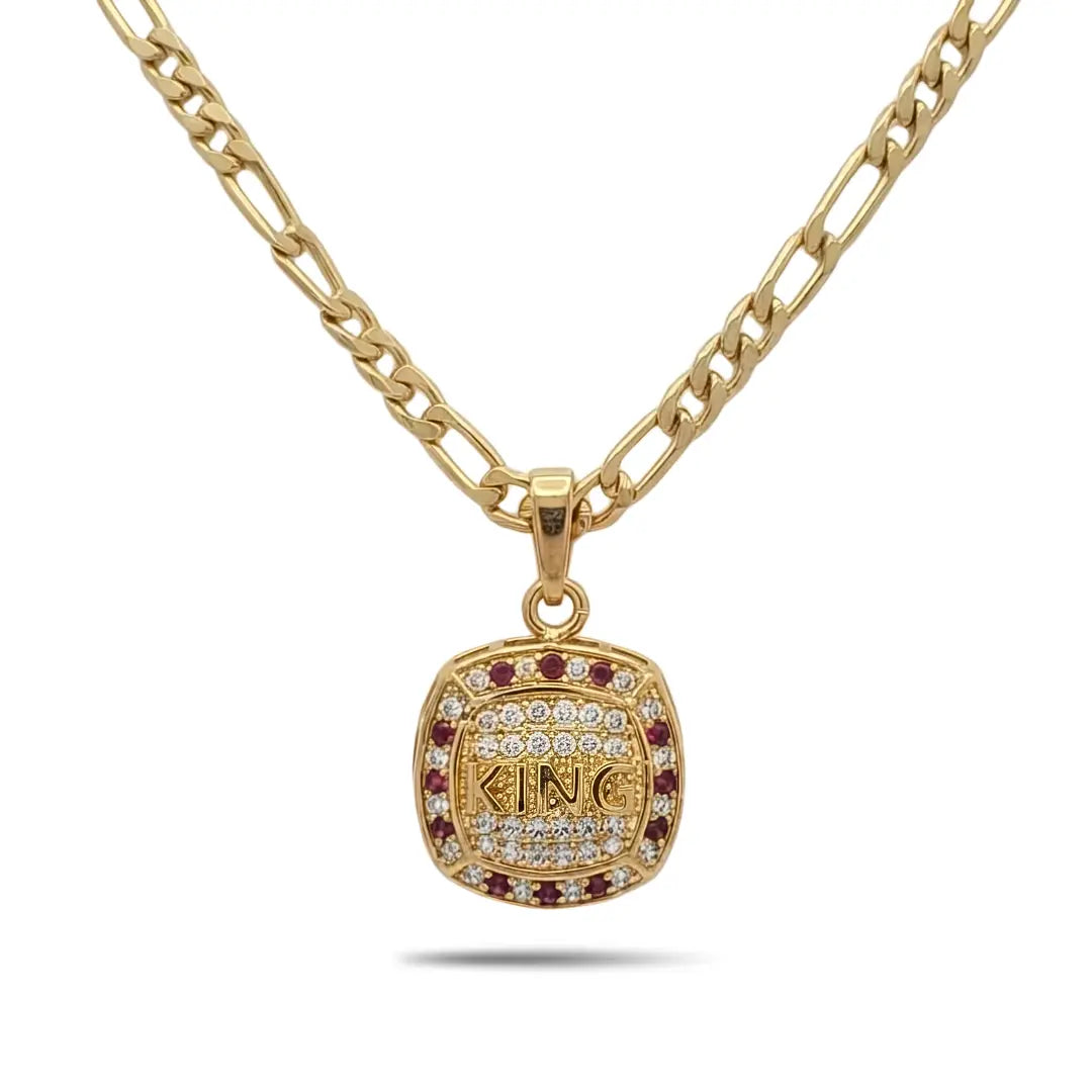 18K Gold Filled "KING" Inset Sovereign Pendant Necklace – 20mm x 20mm Chiseled Square Medallion with Deep Shadow Inset, Pavé Halo & 60cm+5cm Figaro Chain for Men