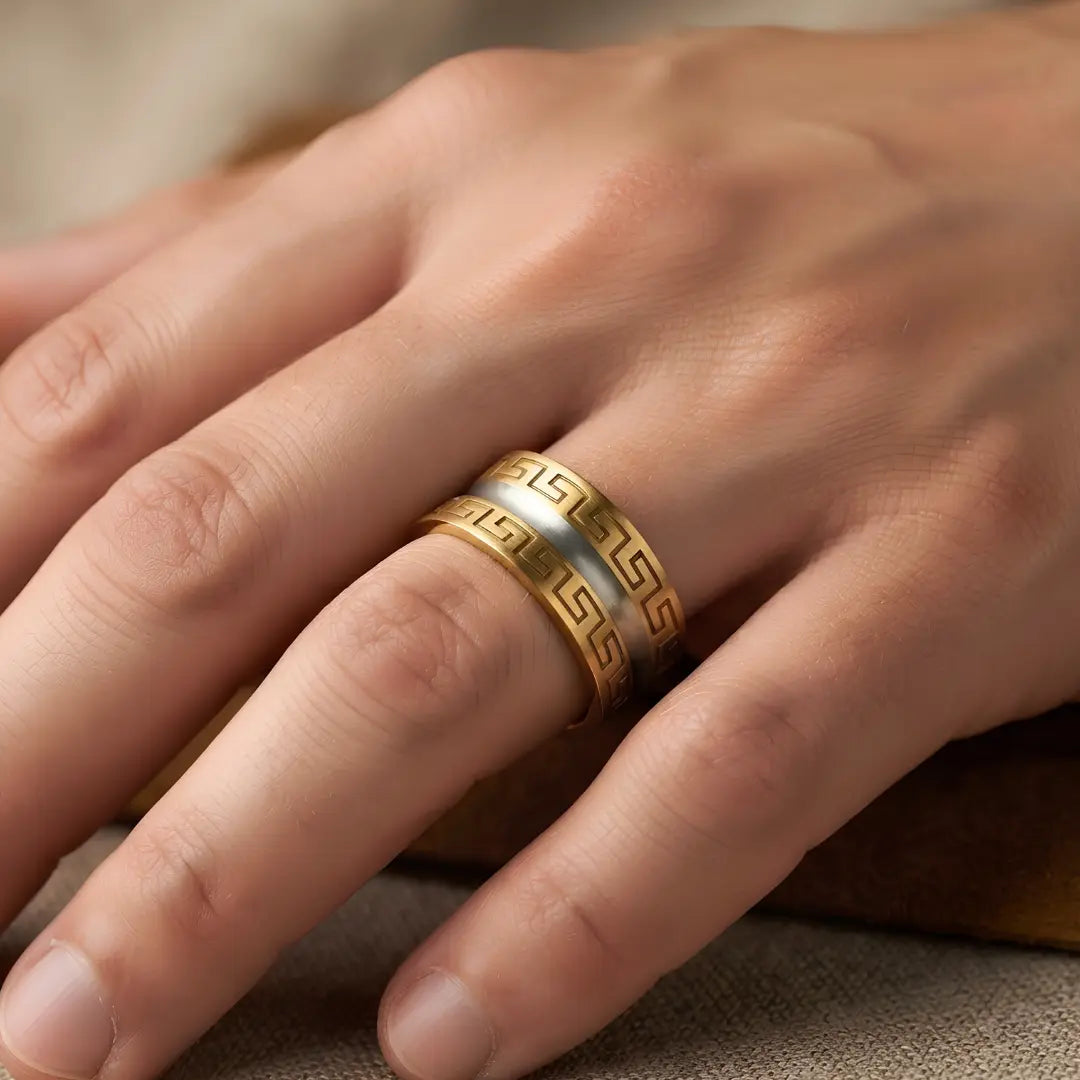 18K Gold Filled Greek Key Ring – 14mm Wide Concave Geometric Meander Statement Band for Men (US Size 11)