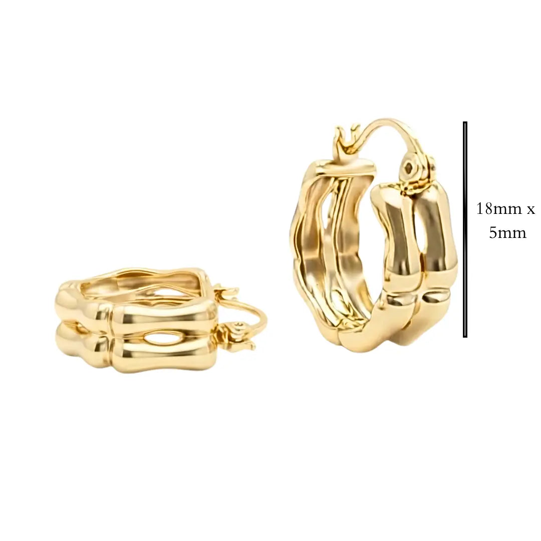 14K Gold Filled Bamboo Huggie Hoops – 18mm x 6mm Segmented Triple-Row Organic Textured Hoop Earrings for Women