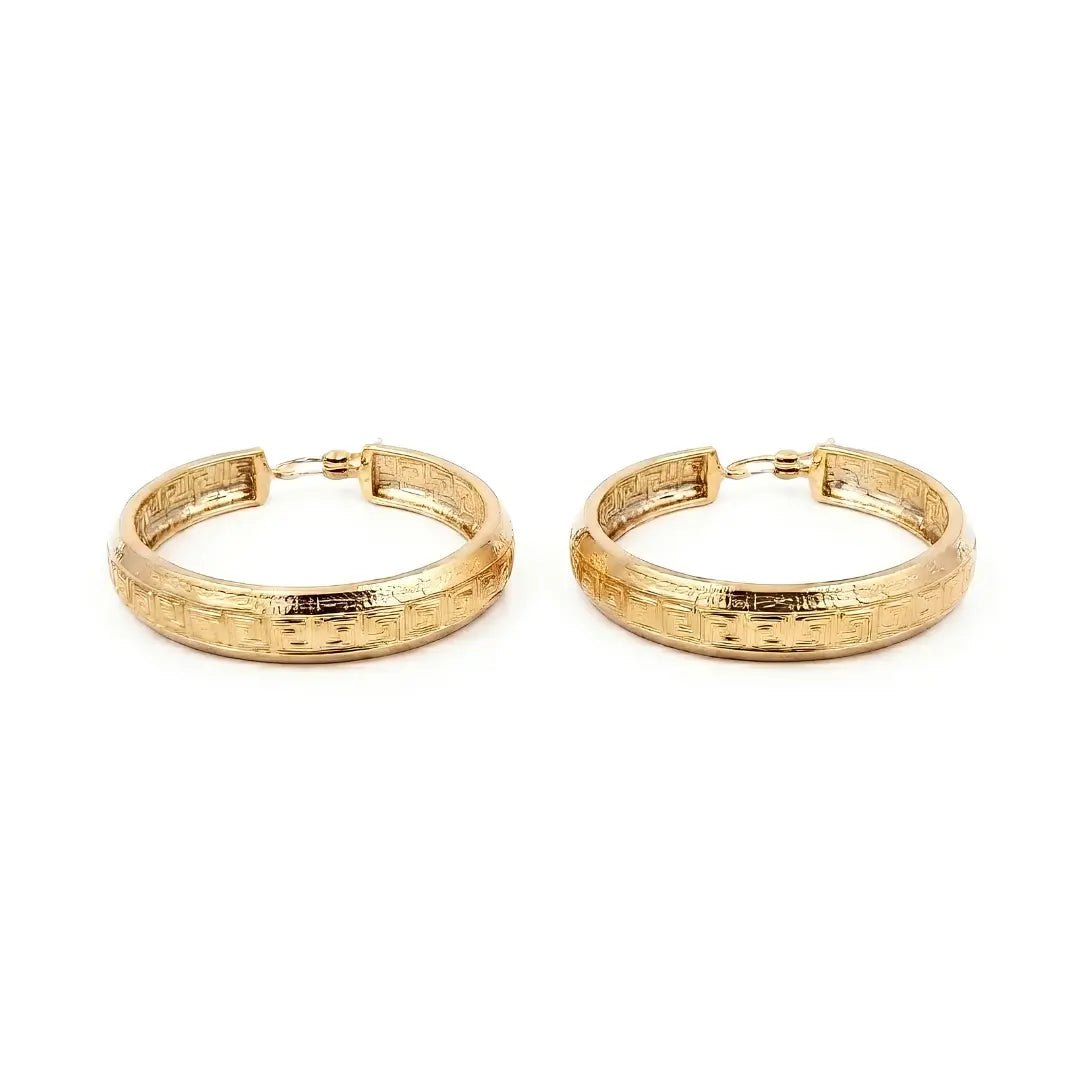 18K Gold Filled Greek Key Hoop Earrings – 30mm x 6mm Continuous Meander Geometric Wide Hoops for Women