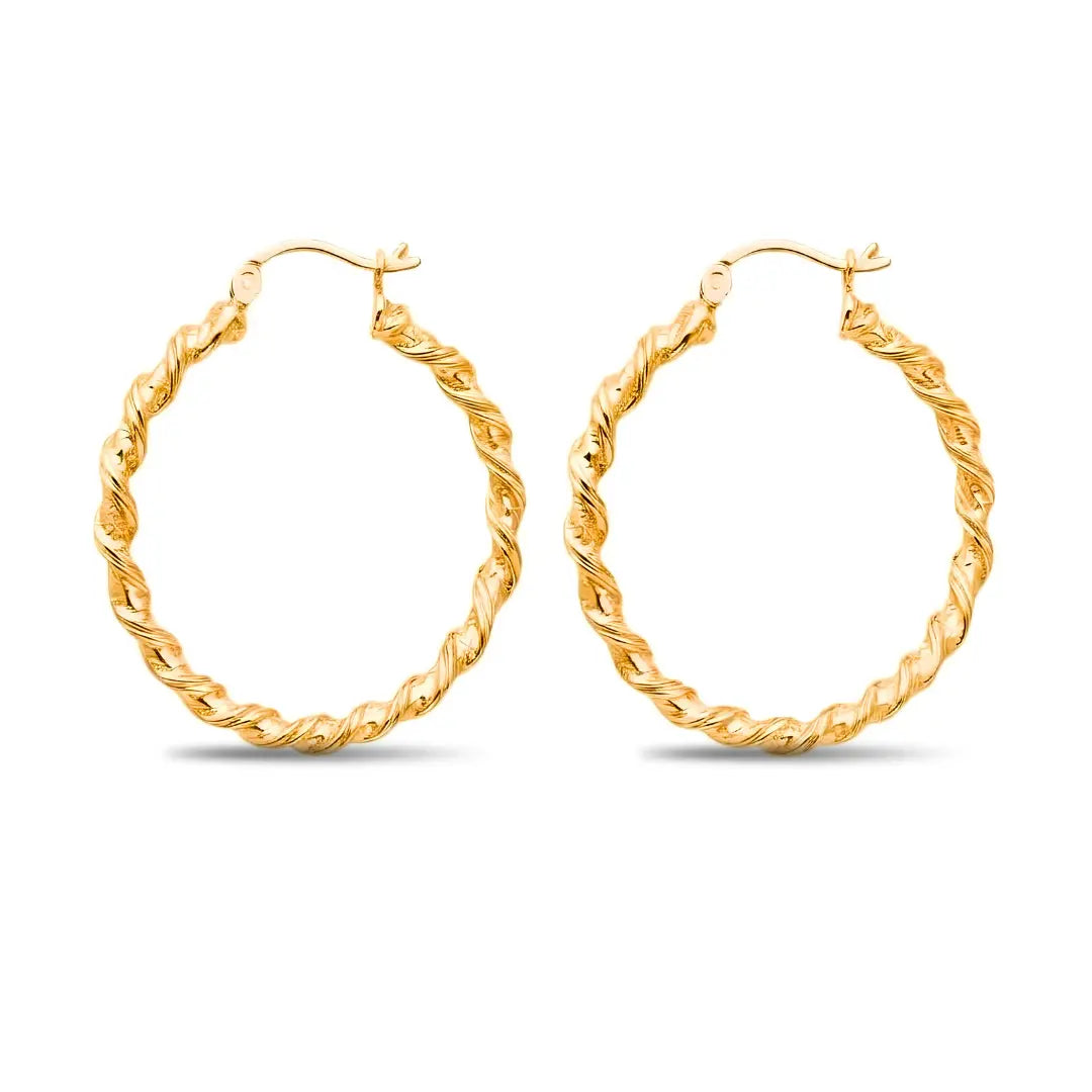 18K Gold Filled Twisted Rope Hoop Earrings – 35mm x 2mm Spiral Bamboo-Textured Oval Hoops with Hinged Snap-Bar Clasp for Women