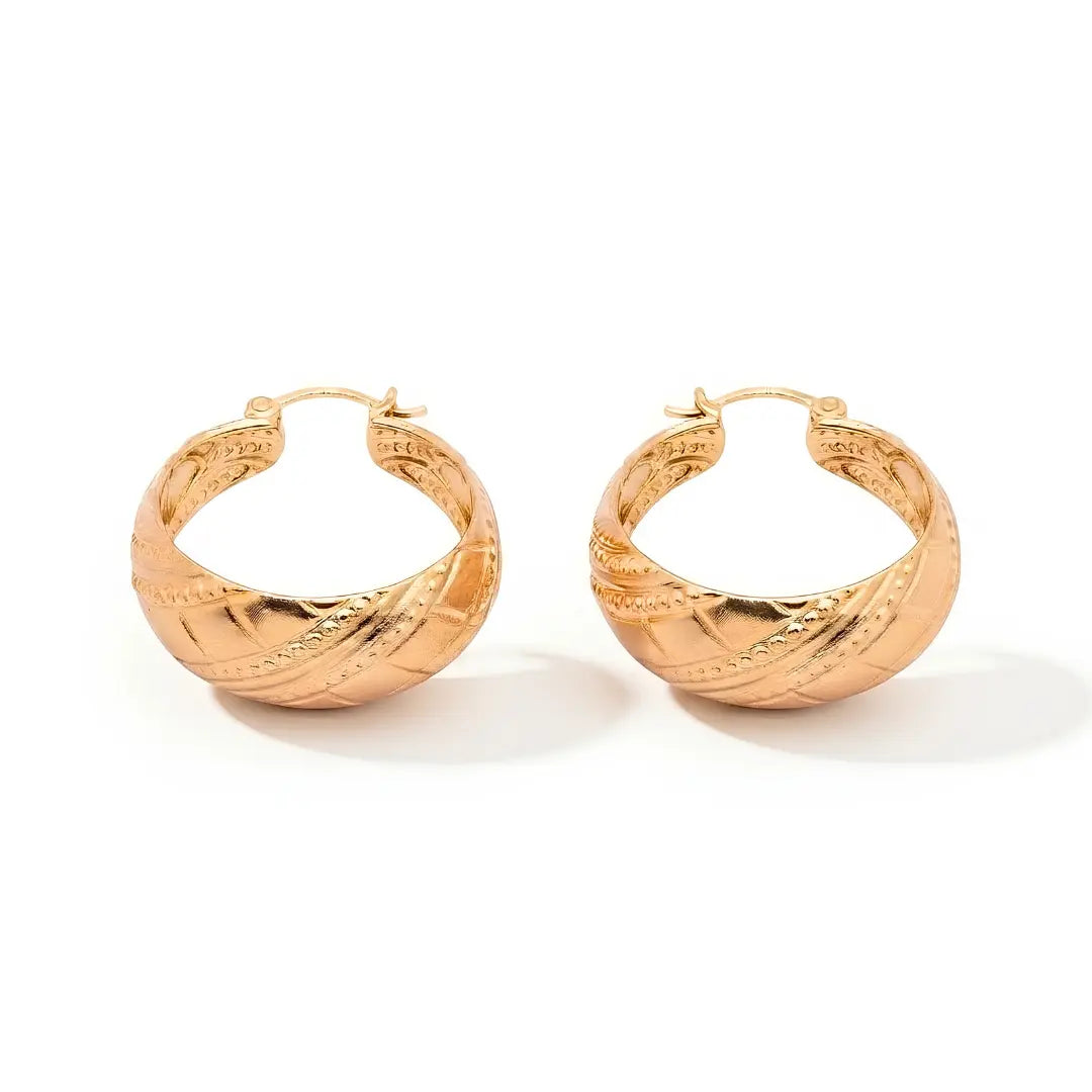 18K Gold Filled Hawaiian-Style Bamboo Hoop Earrings – 25mm x 12mm Chunky Rounded Profile with Engraved Geometric Detailing for Women