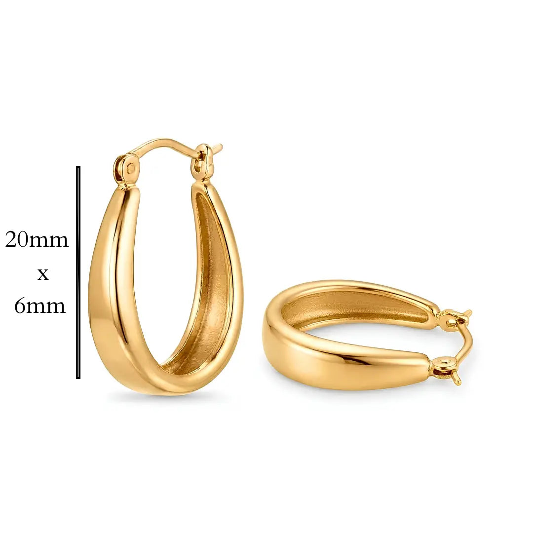 18K Gold Filled Teardrop Hoop Earrings – 20mm x 6mm Chunky Tapered Dome Hoops with Secure Latch Closure for Women