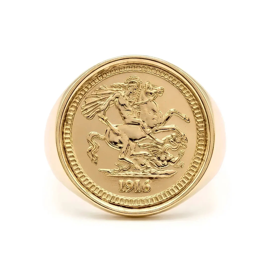18K Gold Filled 1916 Full Sovereign Ring – Vintage Commemorative Coin Medallion Statement Band for Men
