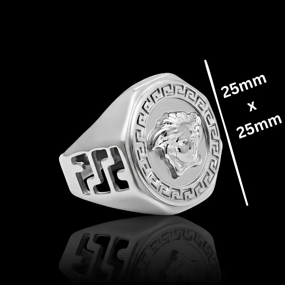 Silver Rhodium Plated Mythic Head Statement Ring – Sculpted High-Relief Figural Ring for Men