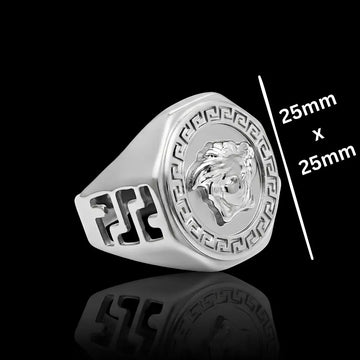Silver Rhodium Plated Mythic Head Statement Ring – Sculpted High-Relief Figural Ring for Men