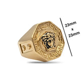18K Gold Filled Greek Mythology Octagon Signet Ring – High-Relief Mythic Motif with Black Enamel Center & Meander Border