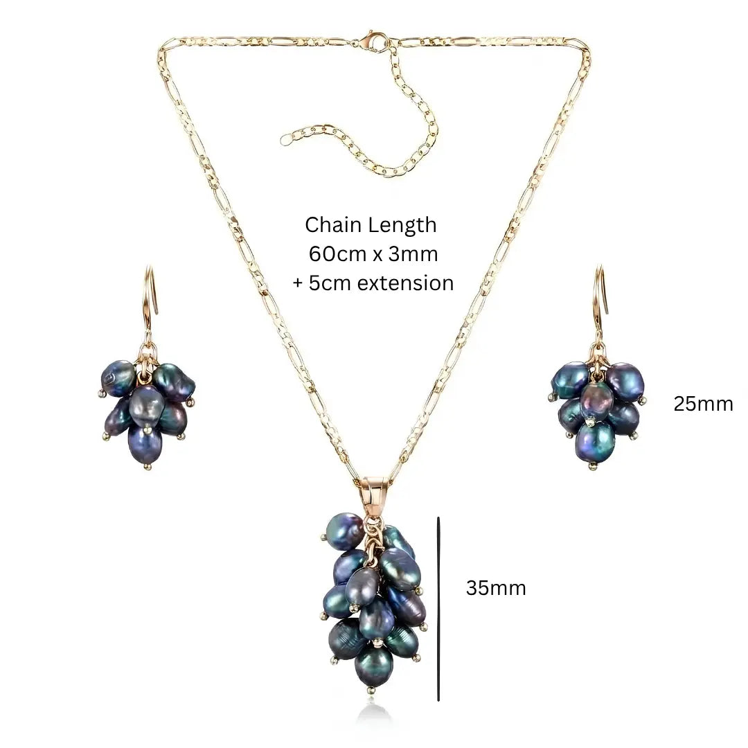 18K Gold Filled Baroque Pearl Set – Dark Iridescent Grape Cluster Pendant Necklace with 60cm Figaro Chain & Matching Drop Earrings