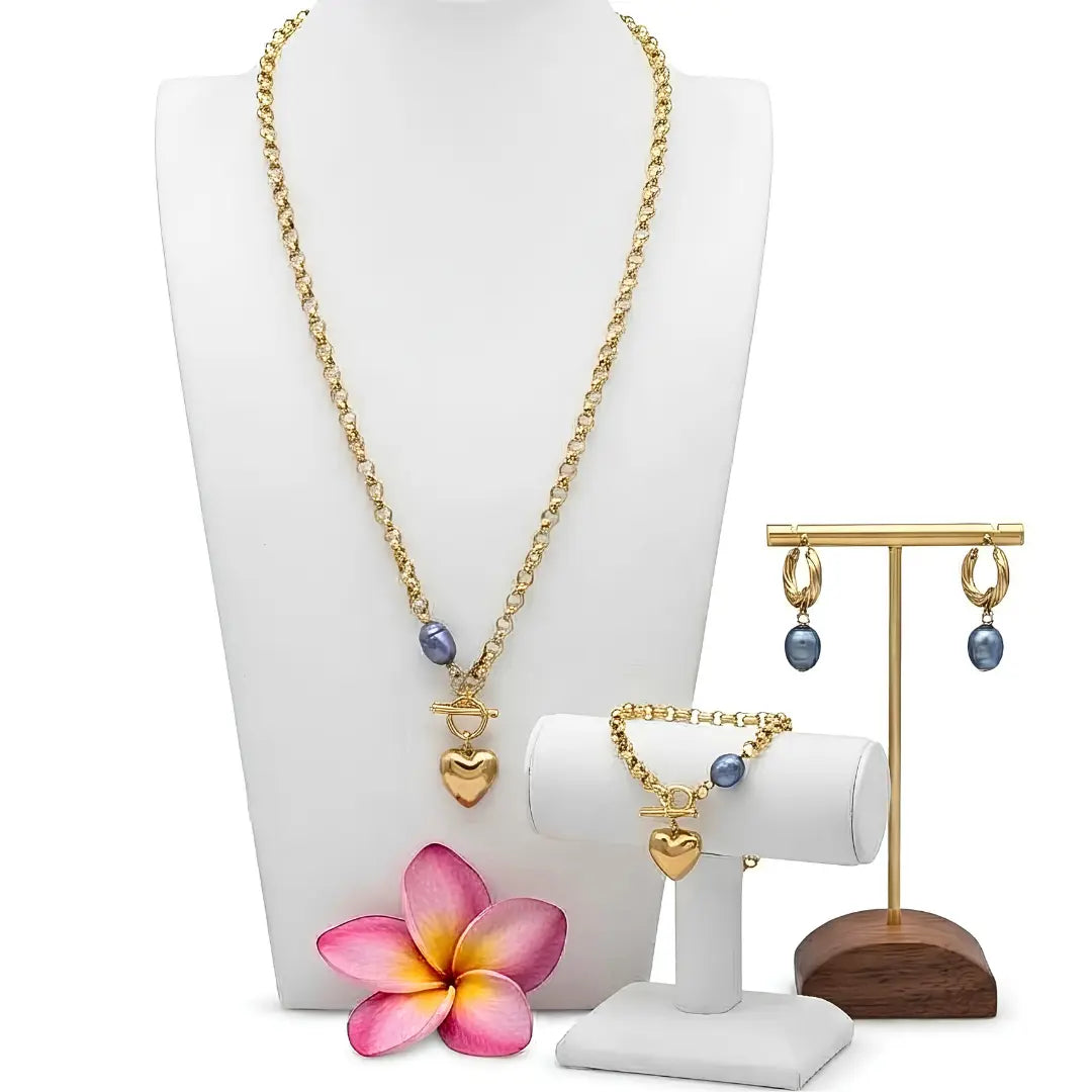 18K Gold Filled Pearl Heart 3-Piece Jewellery Set – 12mm Freshwater Baroque Pearls, Puffy Heart Charms & 6mm Belcher Chain (Necklace, Bracelet & Drop Earrings)
