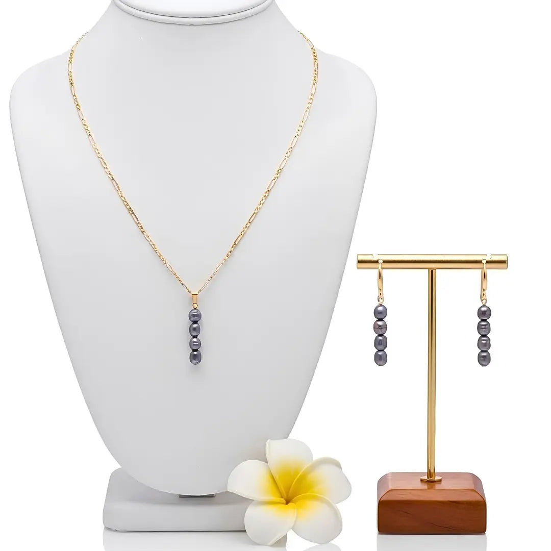 18K Gold Filled Dark Baroque Pearl Necklace & Earrings Set – 6mm Peacock-Toned Pearls, 40mm Vertical Drop Pendant with 60cm Figaro Chain & 30mm Dangle Earrings