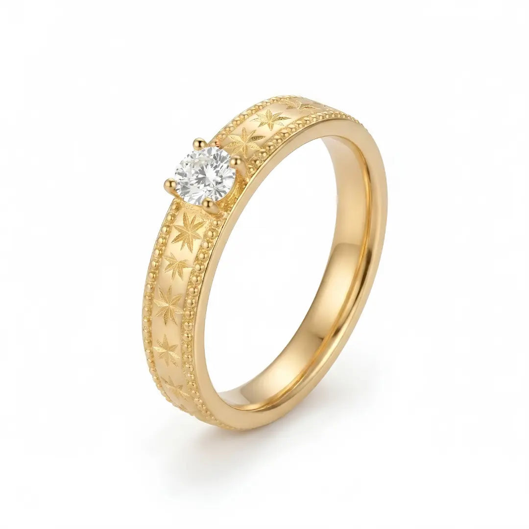 18K Gold Filled Starburst Diamond Solitaire Ring – Celestial Engraved Band with Brilliant-Cut Center Stone & Milgrain Borders (US Size 12)