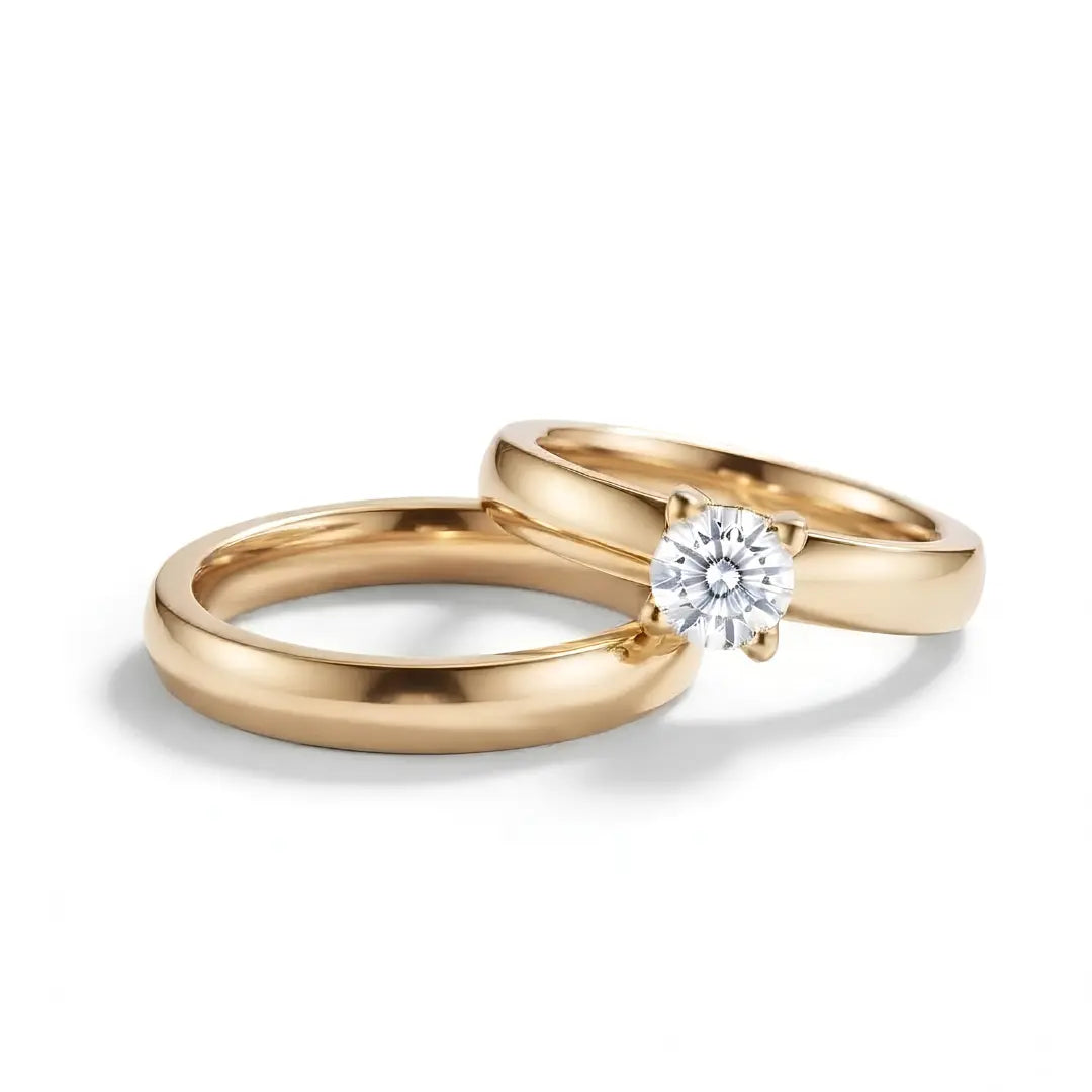 18K Gold Filled Couple Ring Set – Solitaire Statement Ring with Matching Curved Contour Nesting Band (US Sizes 9–13)