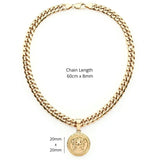 18K Gold Filled Greek Mythology Coin Medallion Pendant Necklace – Classical High-Relief Mythic Motif with Greek Key Border & Heavy 60cm x 8mm Cuban Link Chain for Men