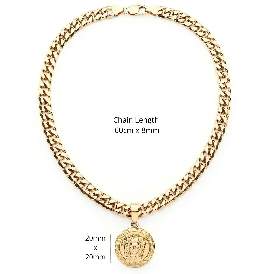 18K Gold Filled Greek Mythology Coin Medallion Pendant Necklace – Classical High-Relief Mythic Motif with Greek Key Border & Heavy 60cm x 8mm Cuban Link Chain for Men