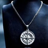Silver Rhodium Plated Compass Coin Medallion Pendant Necklace – Nautical Star with Cardinal Direction Markers & 60cm x 3mm Cuban Link Chain for Men