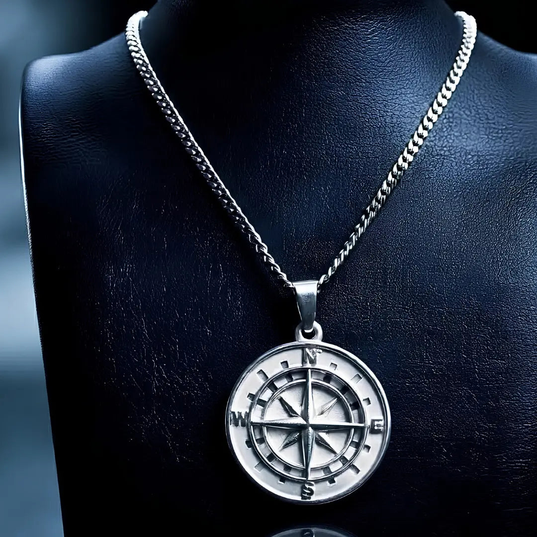 Silver Rhodium Plated Compass Coin Medallion Pendant Necklace – Nautical Star with Cardinal Direction Markers & 60cm x 3mm Cuban Link Chain for Men