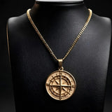 18K Gold Filled Compass Coin Medallion Pendant Necklace – Nautical Star with Cardinal Direction Markers & 60cm x 3mm Cuban Link Chain for Men