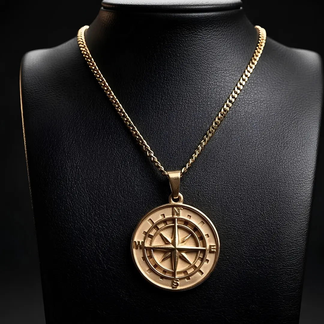 18K Gold Filled Compass Coin Medallion Pendant Necklace – Nautical Star with Cardinal Direction Markers & 60cm x 3mm Cuban Link Chain for Men