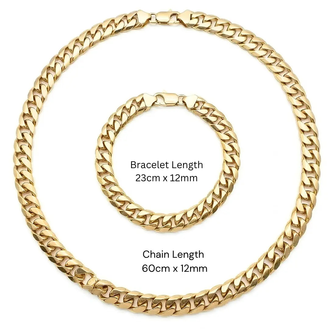18K Gold Filled Heavy Cuban Link Chain & Bracelet 2-Piece Set – 12mm Flat-Beveled Curb Links (60cm Necklace & 23cm Bracelet) for Men