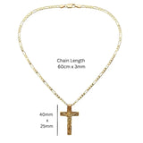 18K Gold Filled Crucifix Necklace – Sculpted 40mm x 25mm Christian Corpus Cross Pendant with 60cm x 3mm Figaro Chain for Men