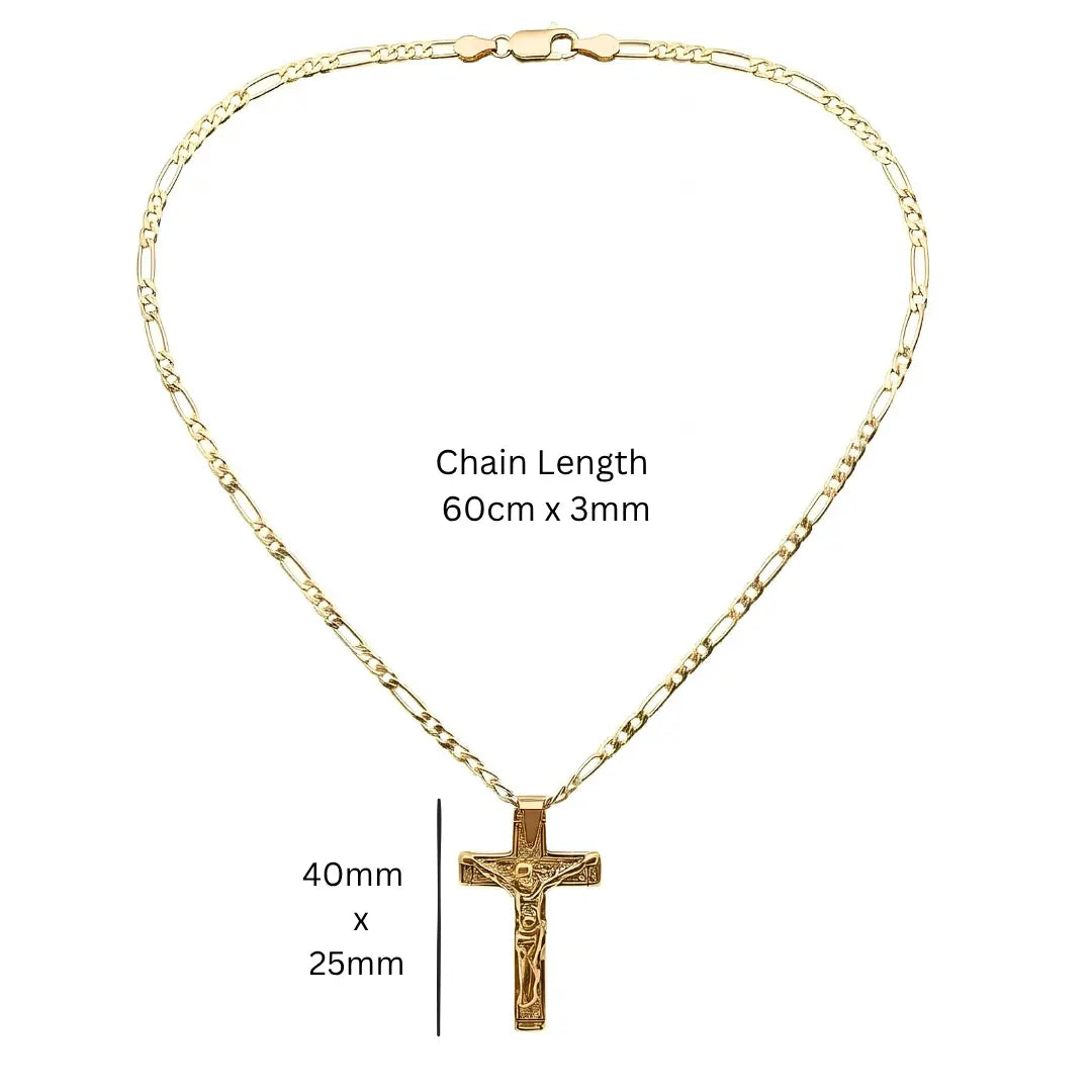 18K Gold Filled Crucifix Necklace – Sculpted 40mm x 25mm Christian Corpus Cross Pendant with 60cm x 3mm Figaro Chain for Men