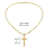 18K Gold Filled Classic Crucifix Necklace – Sculpted 30mm x 18mm Christian Cross Pendant with 60cm x 3mm Figaro Chain for Men