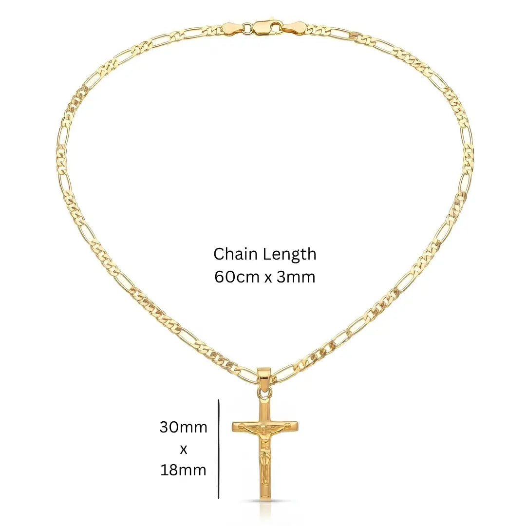 18K Gold Filled Classic Crucifix Necklace – Sculpted 30mm x 18mm Christian Cross Pendant with 60cm x 3mm Figaro Chain for Men