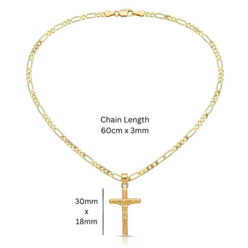 18K Gold Filled Classic Crucifix Necklace – Sculpted 30mm x 18mm Christian Cross Pendant with 60cm x 3mm Figaro Chain for Men