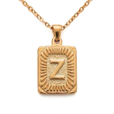 18K Gold Filled Initial Alphabet Pendant Necklace (A to Z) – Sunburst Rectangular Dog Tag Letter Necklace for Women