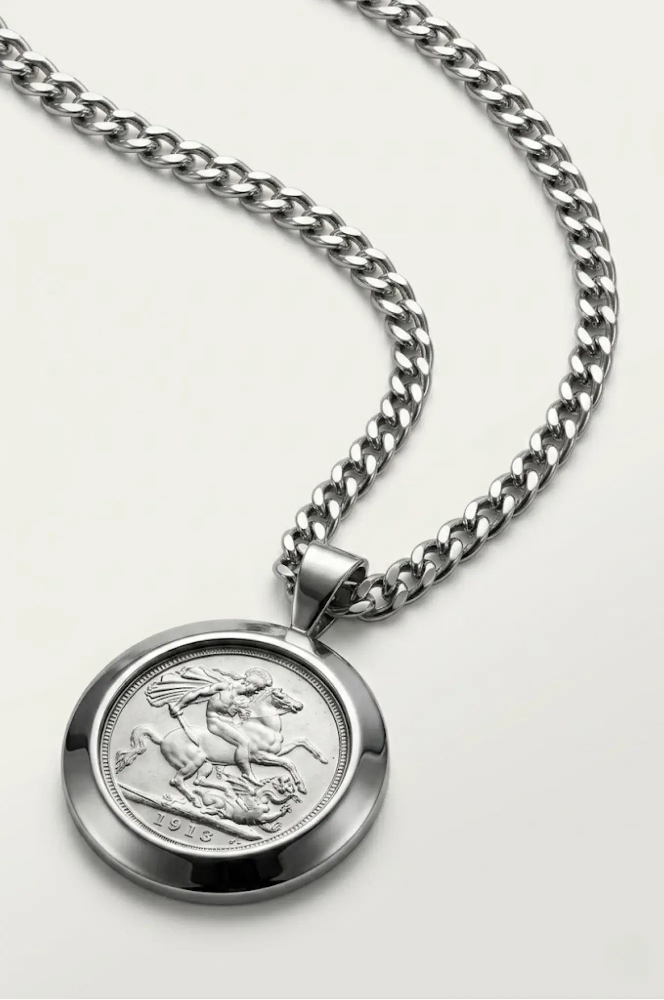 Silver Rhodium Plated Full Sovereign Pendant Necklace 1913