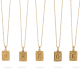 18K Gold Filled Initial Alphabet Pendant Necklace (A to Z) – Sunburst Rectangular Dog Tag Letter Necklace for Women