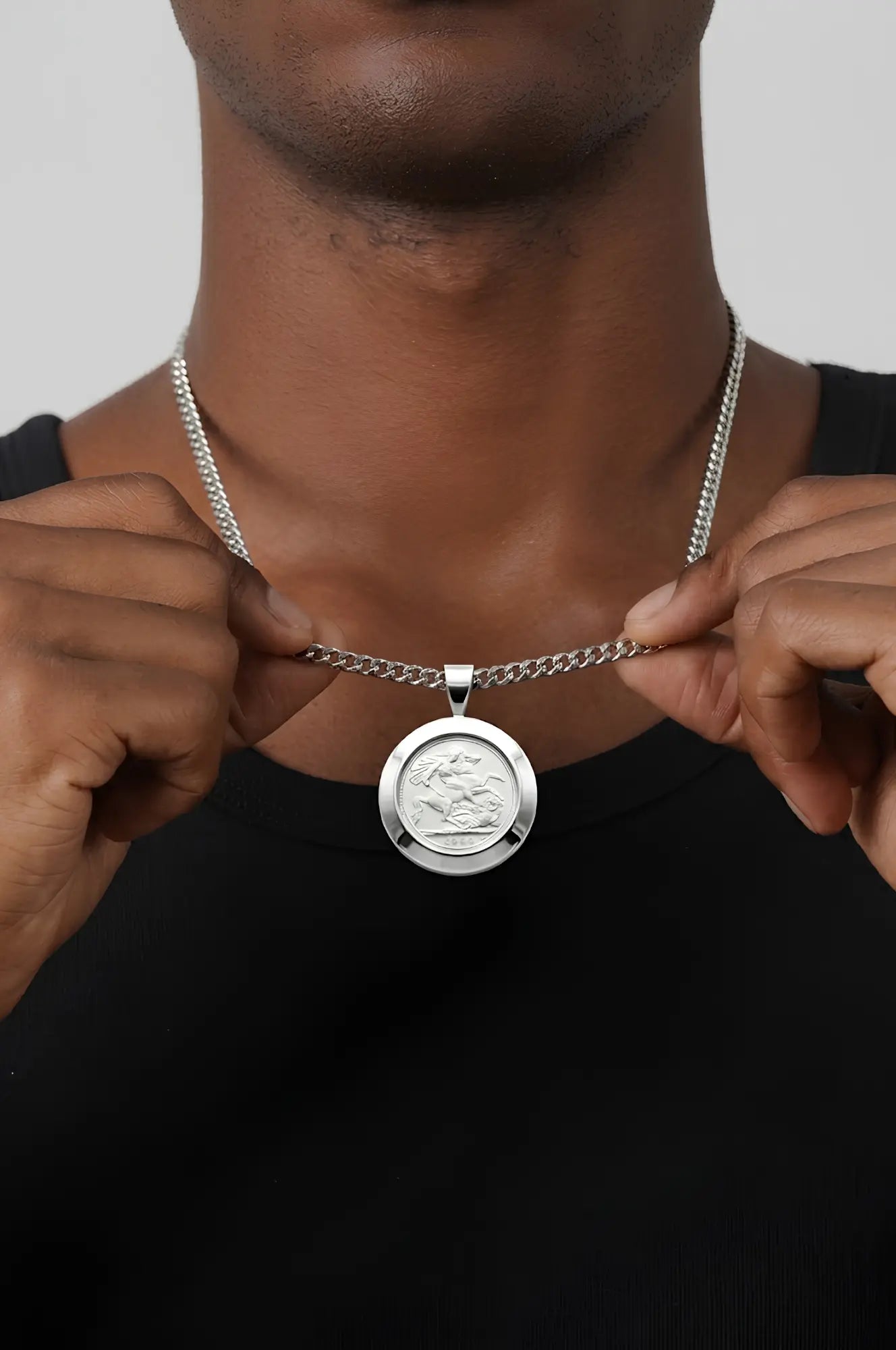 Silver Rhodium Plated Full Sovereign Pendant Necklace 1913