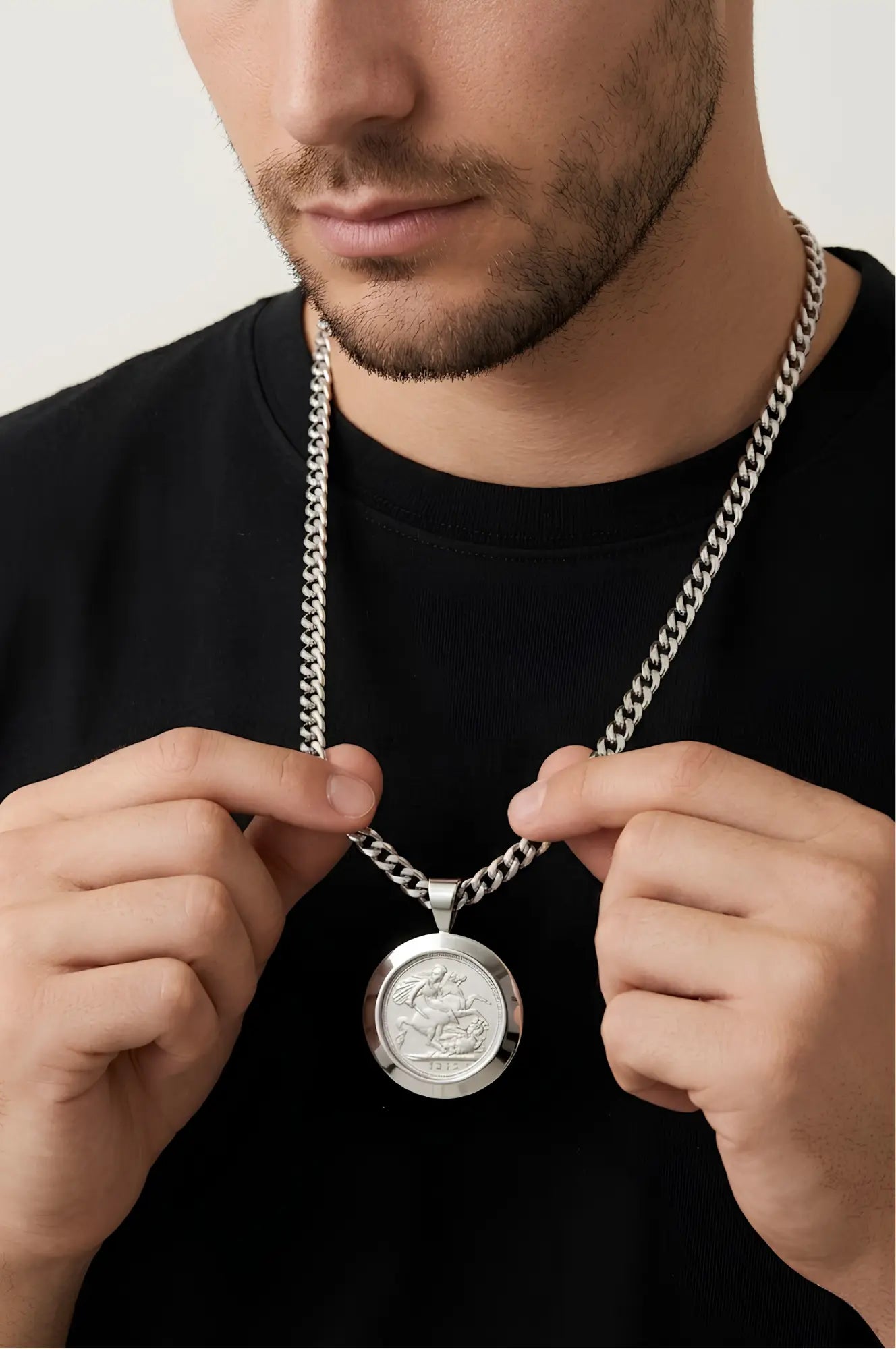 Silver Rhodium Plated Full Sovereign Pendant Necklace 1913