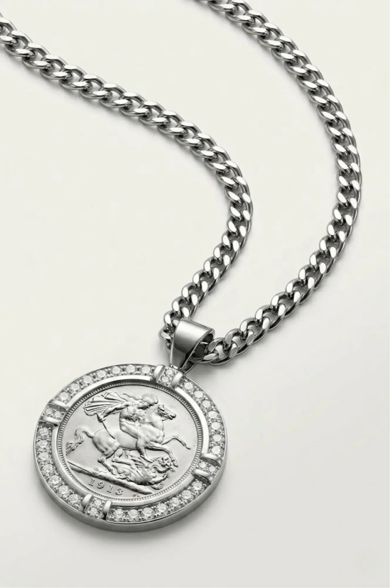 Silver  1913 Full Sovereign Pendant Necklace with Diamonds