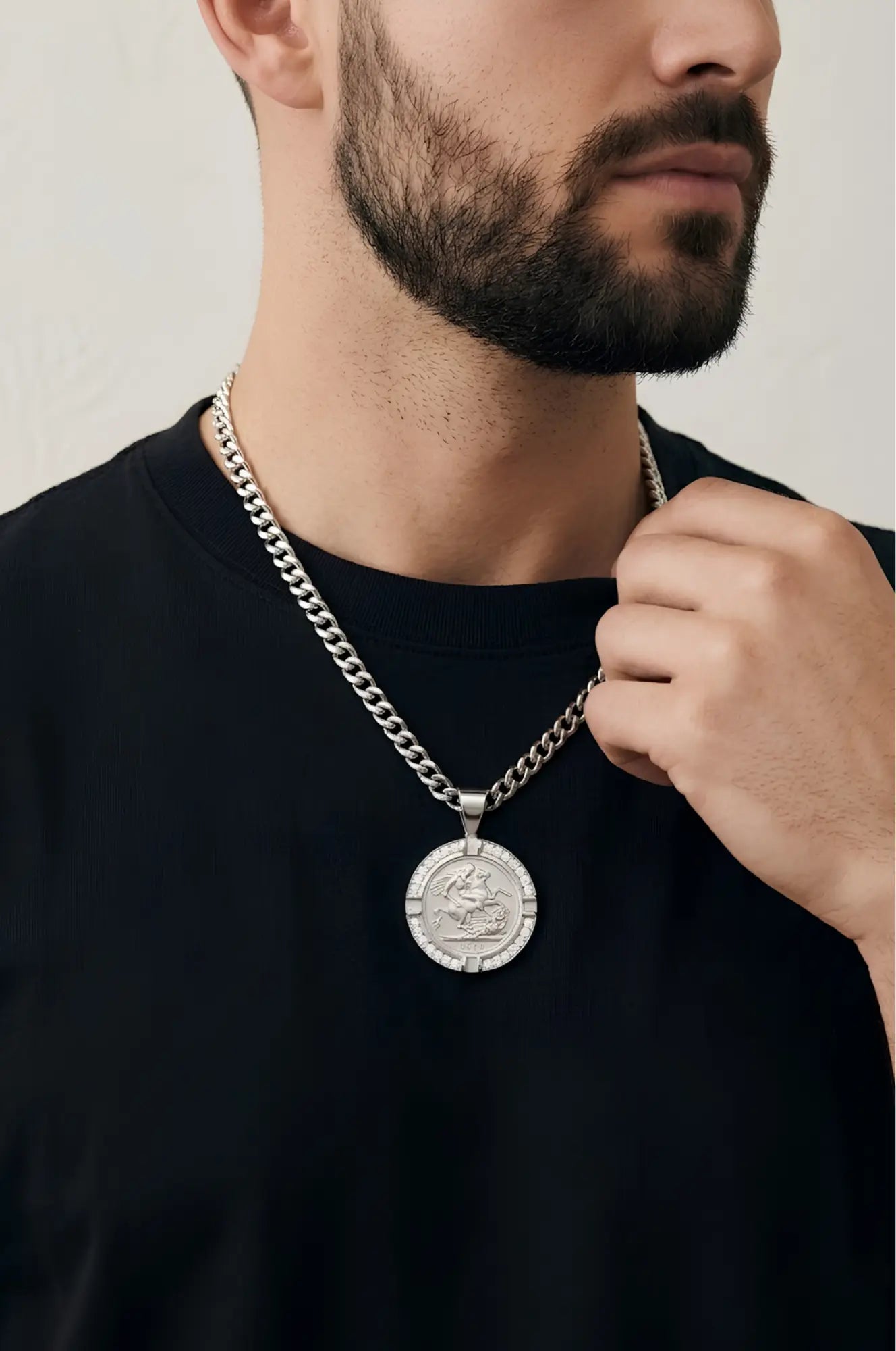 Silver  1913 Full Sovereign Pendant Necklace with Diamonds
