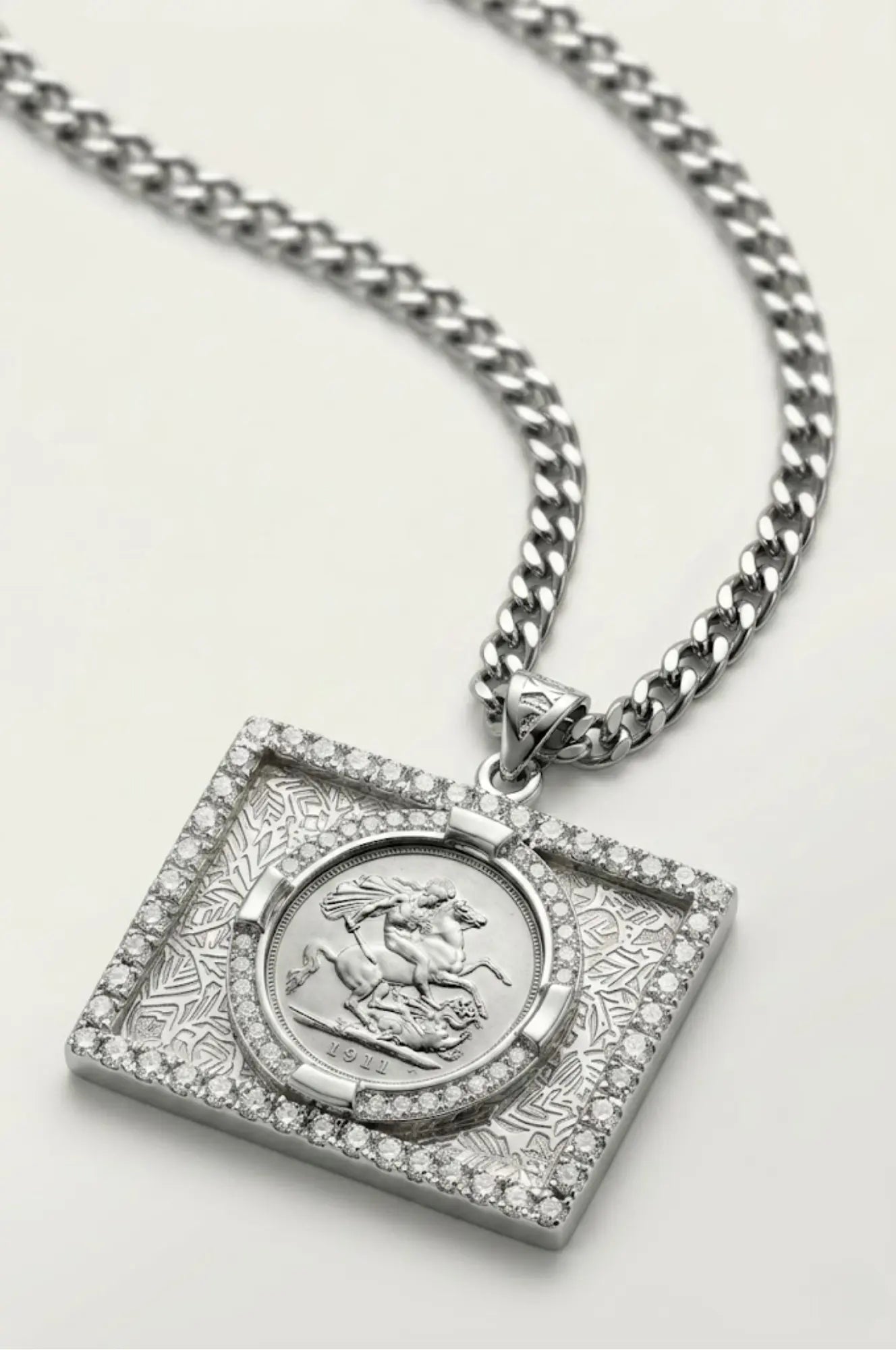 Silver Rhodium Plated Square Sovereign Pendant