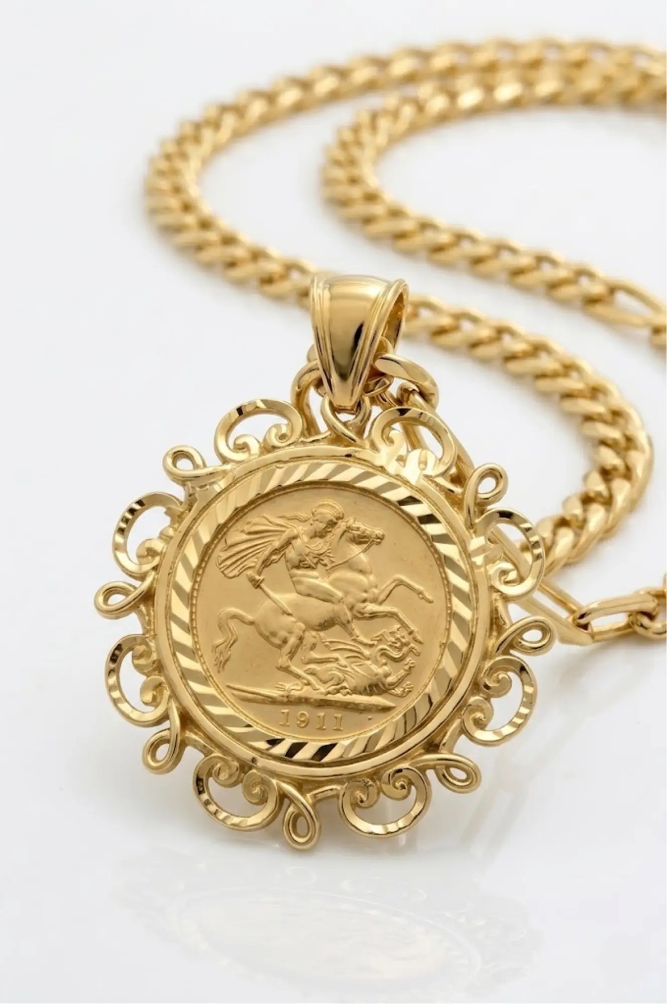 18K Gold Filled 1911 Sovereign Pendant Necklace with 60cm Cuban Link Chain