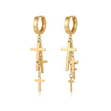 18K Gold Filled Multi-Cross Dangle Hoop Earrings – 55mm Cascading Cross Huggies for Women & Men