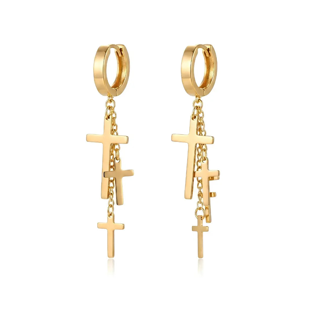 18K Gold Filled Multi-Cross Dangle Hoop Earrings – 55mm Cascading Cross Huggies for Women & Men