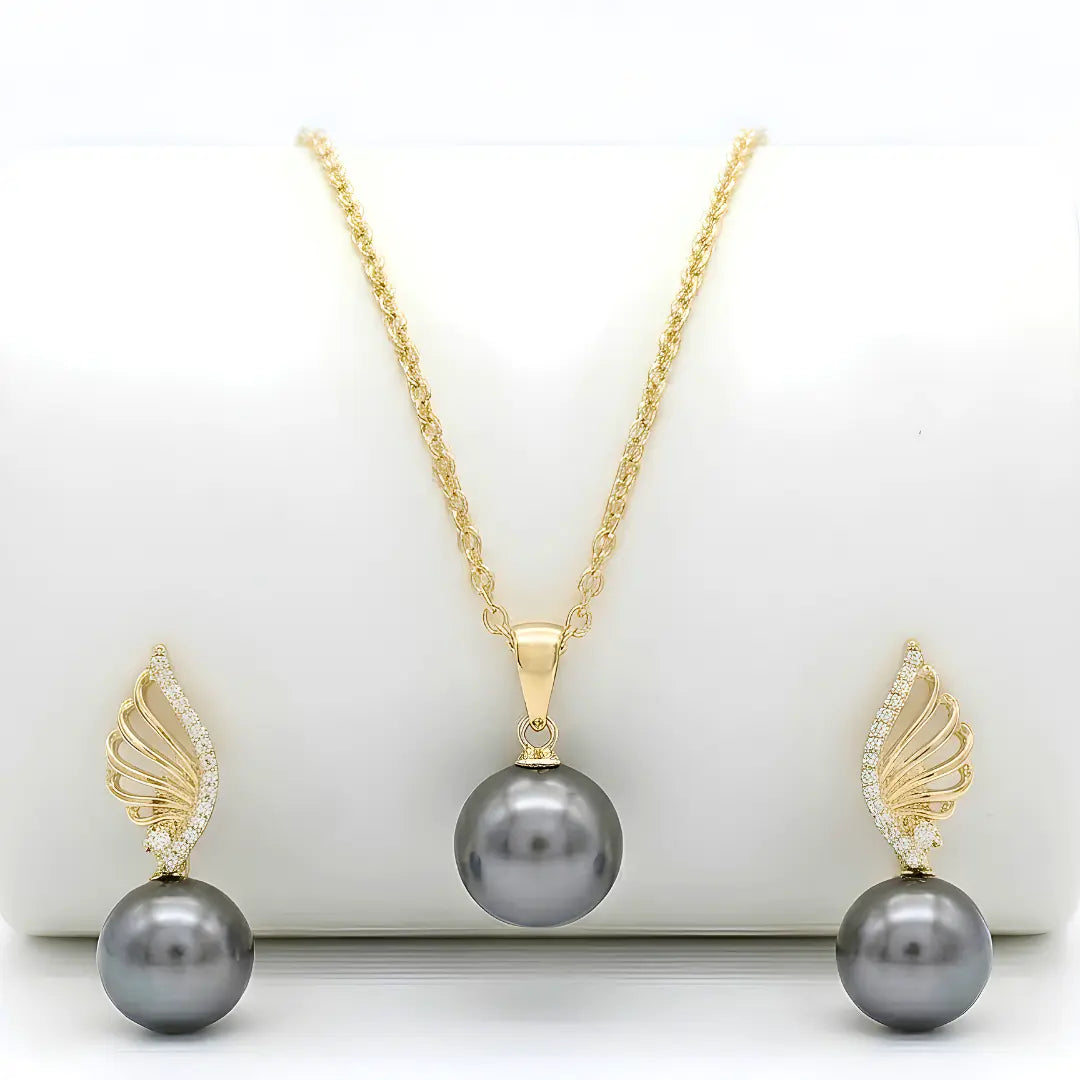 18K Gold Filled Hawaiian Pearl Necklace with Diamond Huggie Earrings Set – 12mm High-Luster Island Pearl on 60cm Chain for Women
