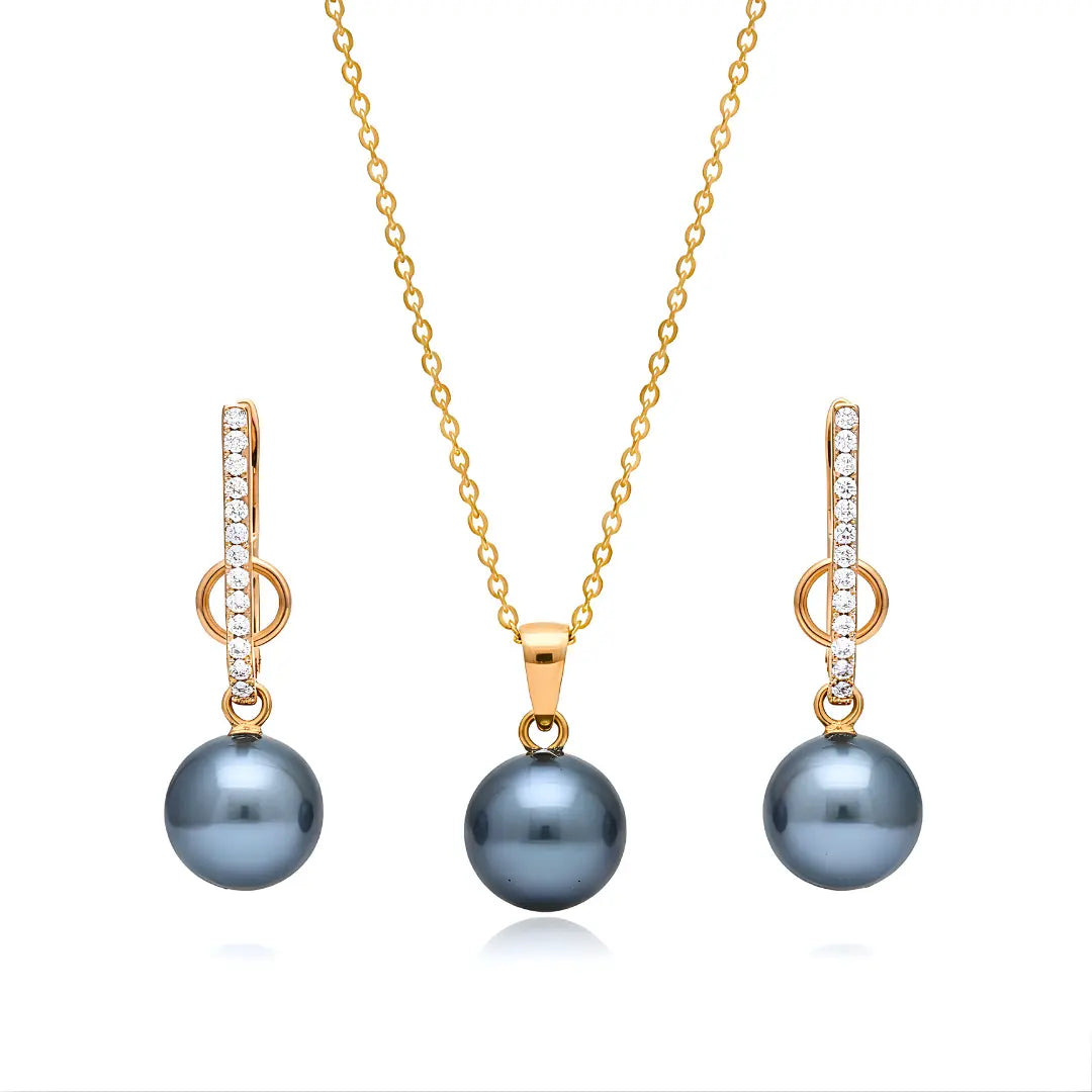 18K Gold Filled Hawaiian Pearl Necklace & Pavé CZ Earrings Set – 12mm High-Luster Pearl with 60cm Chain in Grey