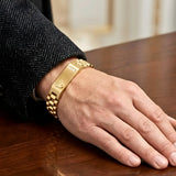 18K Gold Stainless Steel Watch-Link Bracelet with 3 Diamond Accents & Signature Emblem – 12mm Wide Tarnish-Proof Band for Men (22cm)