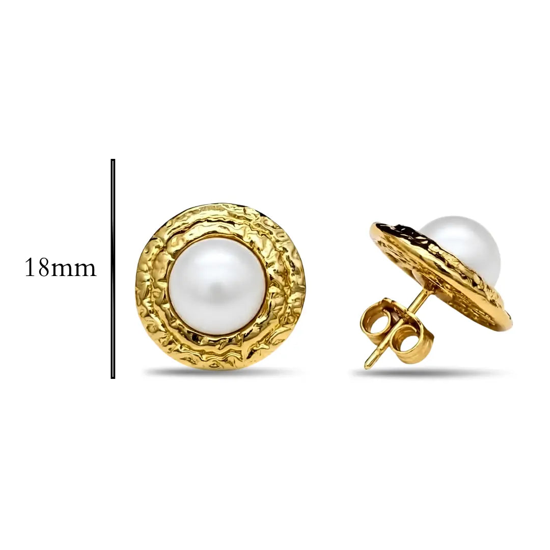18K Gold Filled Pearl Stud Earrings – Hammered Texture Bezel Pearl Studs