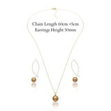 18K Gold Filled Hawaiian Pearl Necklace & Angled Drop Earrings Jewelry Set – 60cm Chain with 12mm Lustrous Island Pearl Pendant & 40mm Statement Earrings for Women