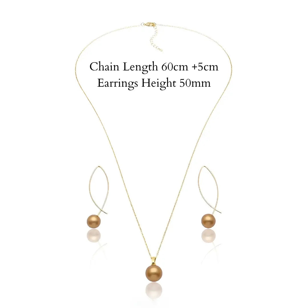 18K Gold Filled Hawaiian Pearl Necklace & Angled Drop Earrings Jewelry Set – 60cm Chain with 12mm Lustrous Island Pearl Pendant & 40mm Statement Earrings for Women