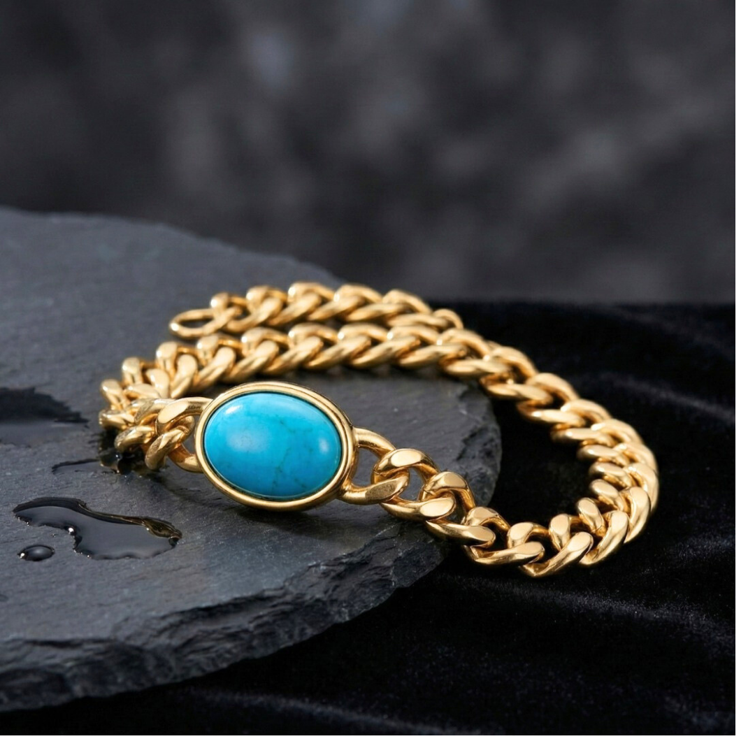 18K Gold Filled Curb Cuban Link Bracelet with Blue Stone
